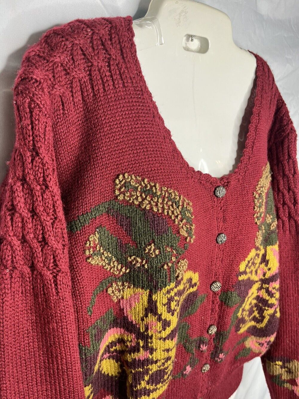 Robin Sinkler Worsted Wool Cardigan Sweater Floral Embroidery Large Hong Kong